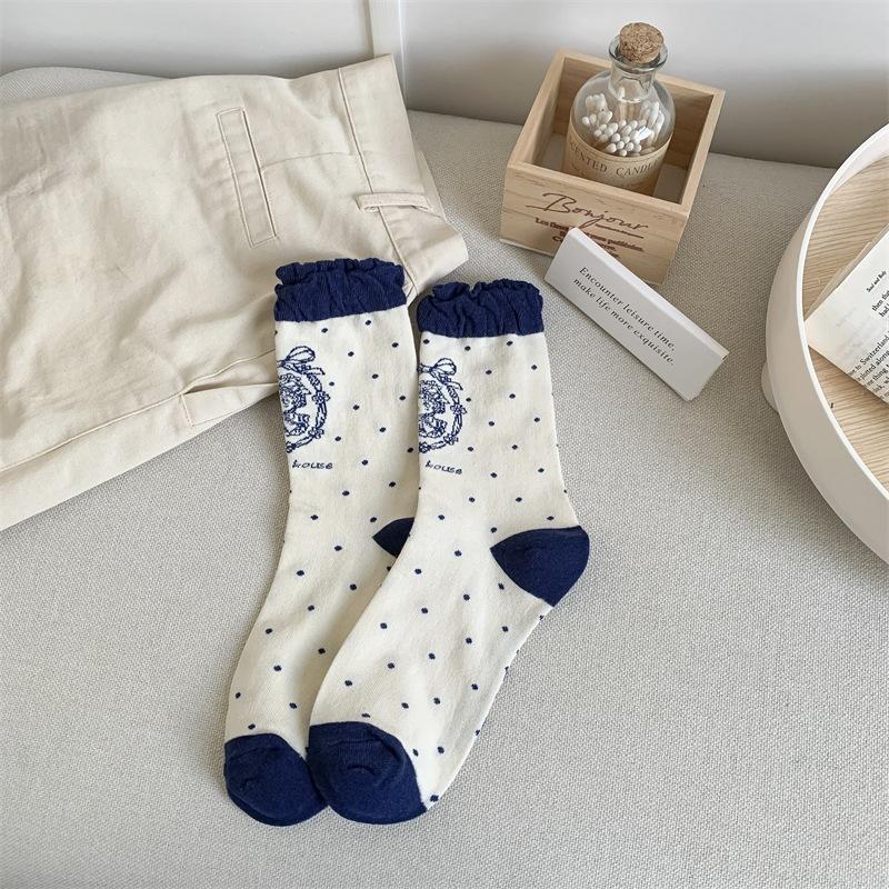 Bubble Mouth Line Doll Lolita Socks Women Vintage Polka Dot Slim Leg Socks Pure Cotton Mid-Leg Socks