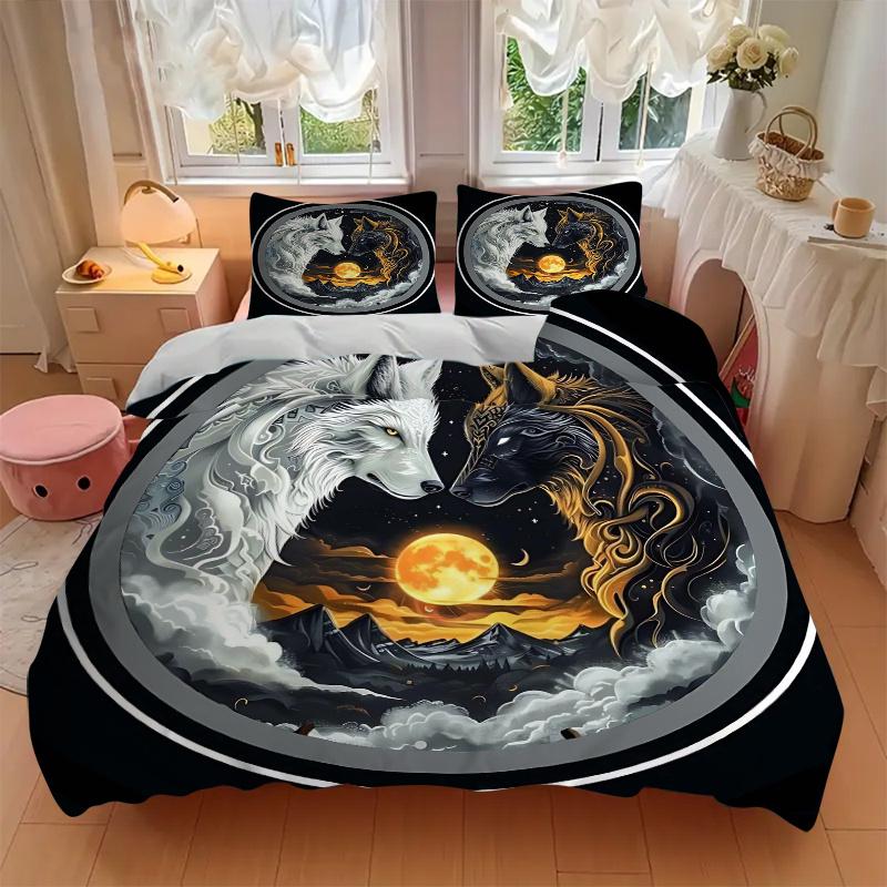 3pcs Yin Yang Wolves Printed Quilt Set - Includes 1 Quilt Cover and 2 Pillowcases, Machine Washable - Suitable for All Seasons.J105
