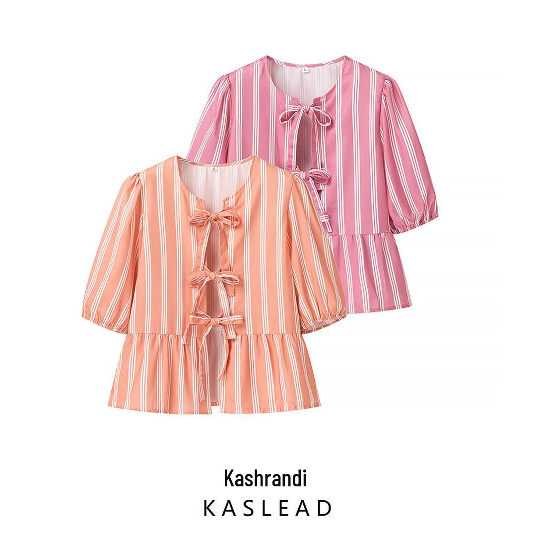 

2025 Spring Women s European & American Fashion Striped Bow Tie Shirt Small