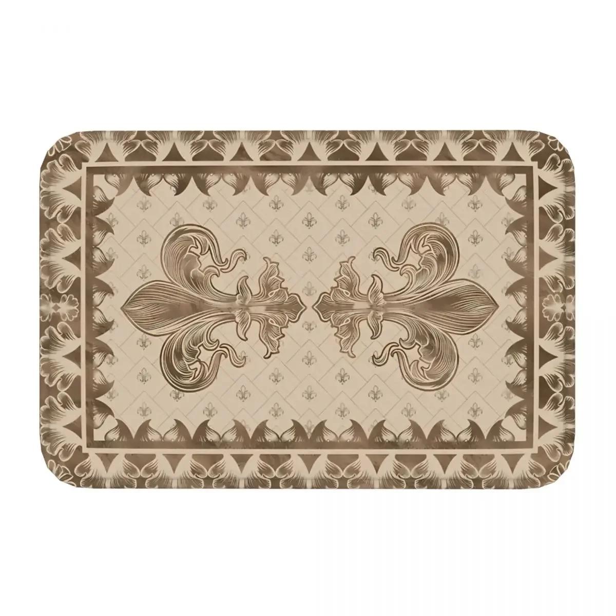 Fleur De Lys Non-slip Doormat Pastel Gold Design Carpet Bath Bedroom Mat Welcome Indoor Pattern 40cmx60cm