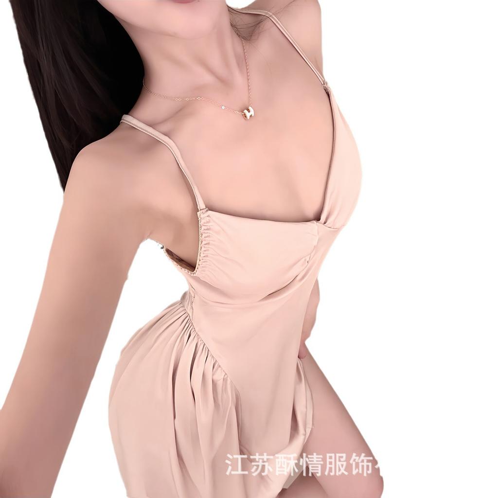 Crispy sexy suspender long hollow backless strap solid color low neck temptation casual nightdress home set