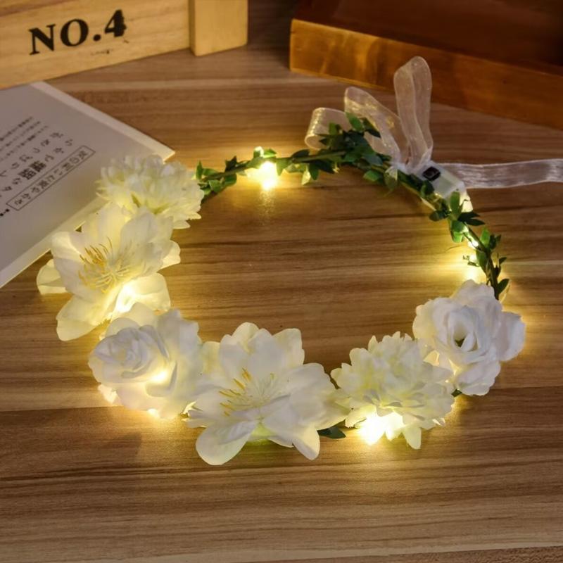 1PC Flower Headband Led Lights Hair Hoop Double-Sided Silk Floral Crown for Women Hair Headband Glowing Garland Light Up