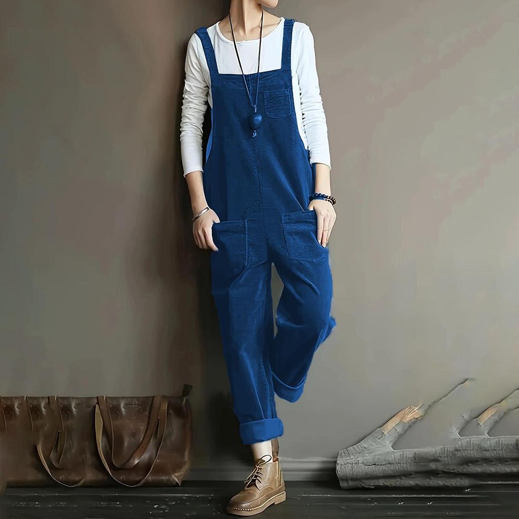 Herbst Strampler Einfarbig Weitbeinige Overalls Damen Lässig Träger Latzhosen Vintage Cord Jumpsuits Übergröße