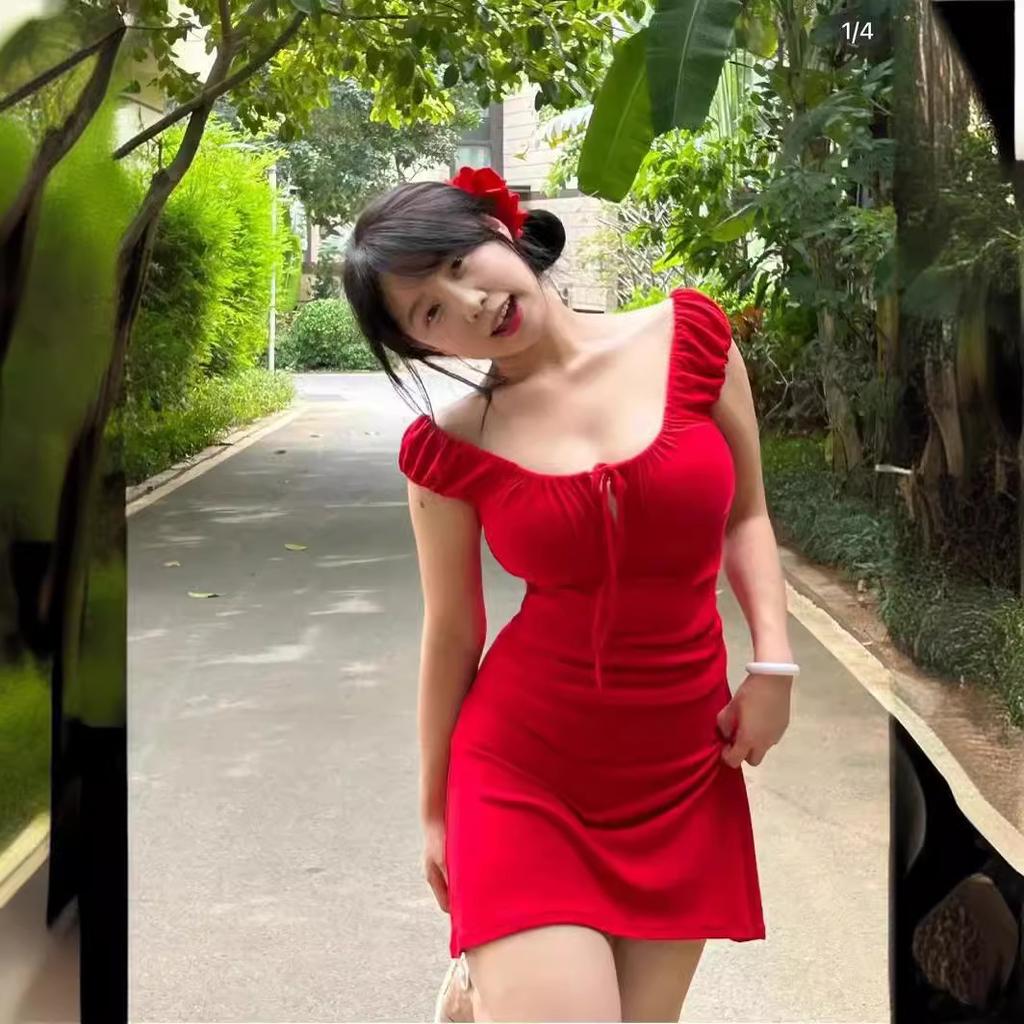 Fat MM Red Rose Sexy Holiday Style Red Dress Tropical Short Dress Dress French White Skirt