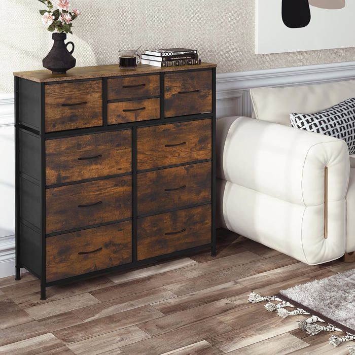 WOLTU Commode, 10-Drawer Fabric Chest of Drawers, Metal Frame, Engineered Wood Top, Rustic Brown+Black W0ITT0114