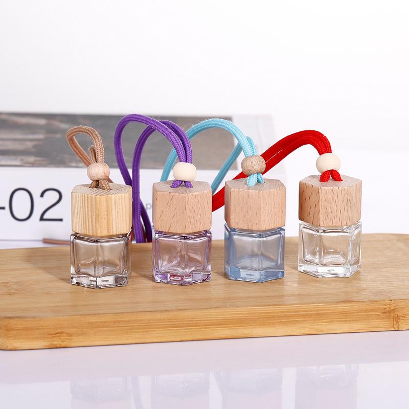 Hexagonal Glass Car Aromatherapy Diffuser with Wooden Lid for Rearview Mirror Decoration