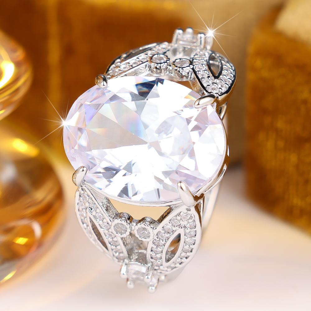 Luxury Silver Color Ring for Women Oval Cut Zircon Wedding Banquet Fashion Jewelry Gift