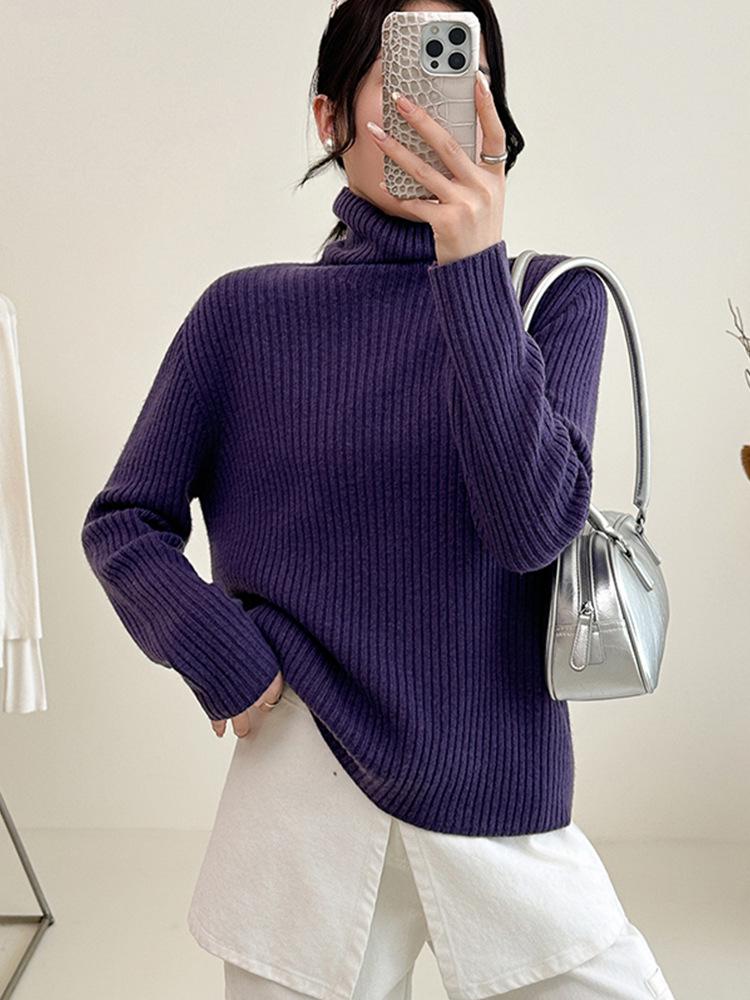 Ribbed High Neck Wool Sweater: Solid Color, Slim Fit, Long Sleeve, Korean Chic Style
