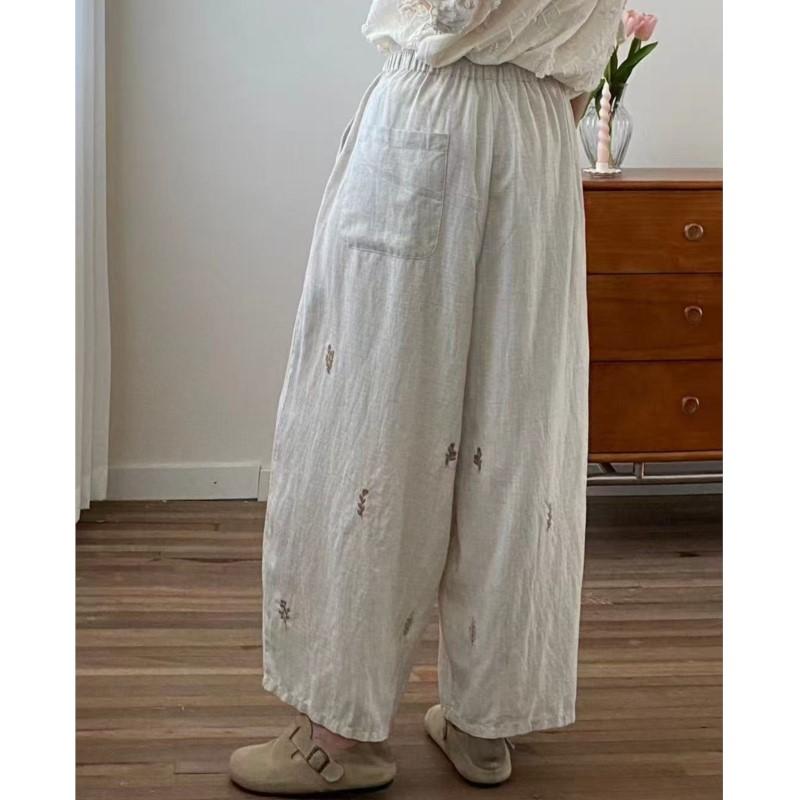 Johnature Japanese Forest Embroidered Wide Leg Pants Women Summer Loose Versatile Straight Cropped Pants
