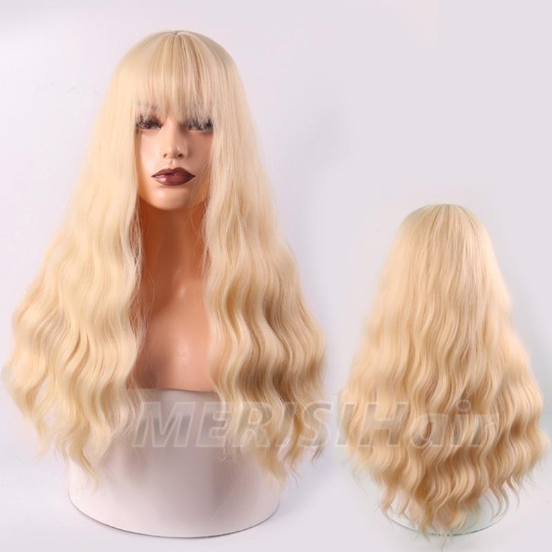LISI HAIR Damemote langt bølget hår parykk med smell Svart Brun Blond syntetisk fiber parykk med smell Fest Daglig slitasje