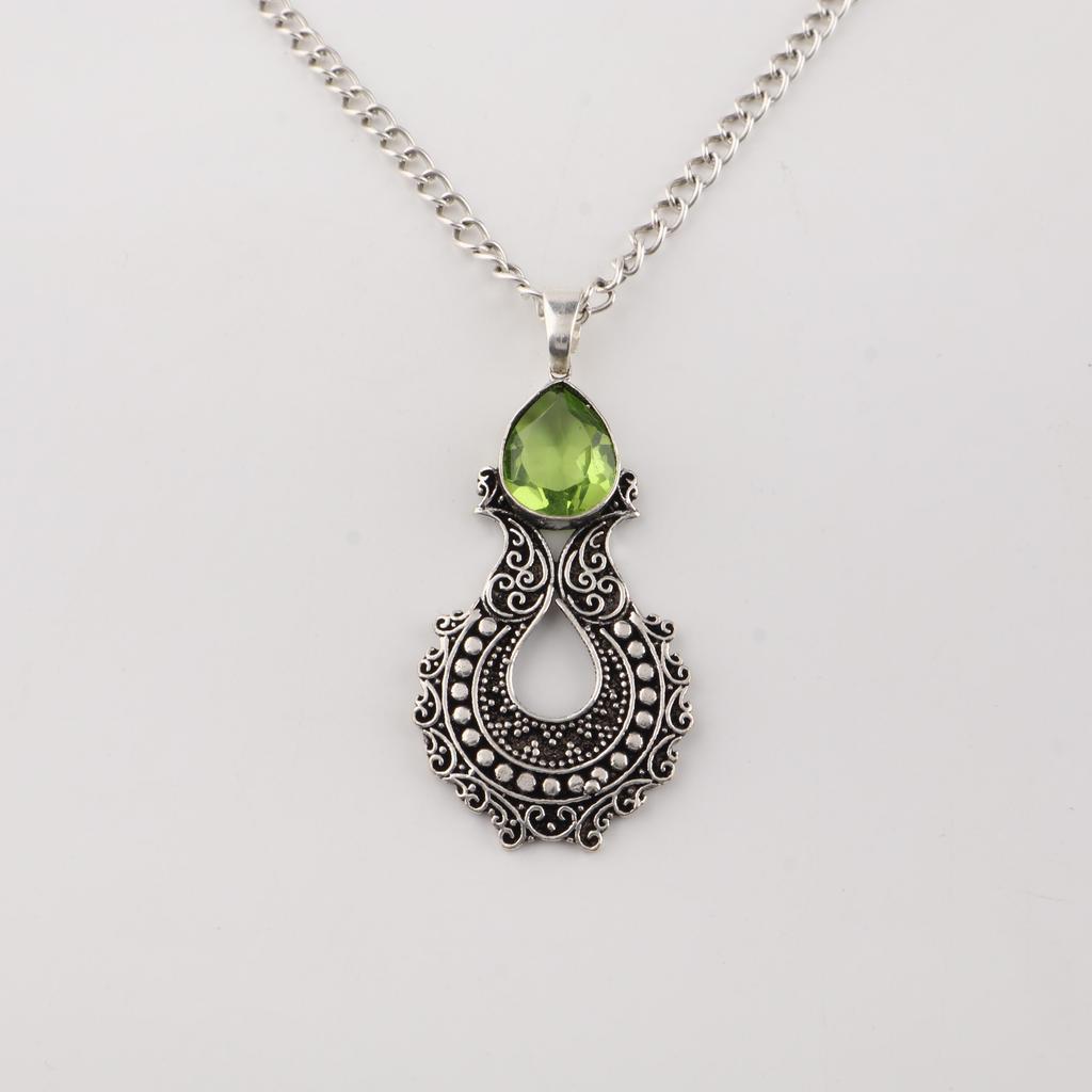 Rare Peridot Gemstone 925 Sterling Silver Oxidize Jewelry Designer Women's Pendant 1.8" For Birthday Gift CP-45-12