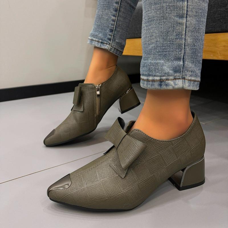 Fashion Soft Leather Block Heel Deep Mouth Single Shoes Women's Pointed Toe Deep Mouth Soft Sole Casual Side Zipper Kitten Heel Shoes