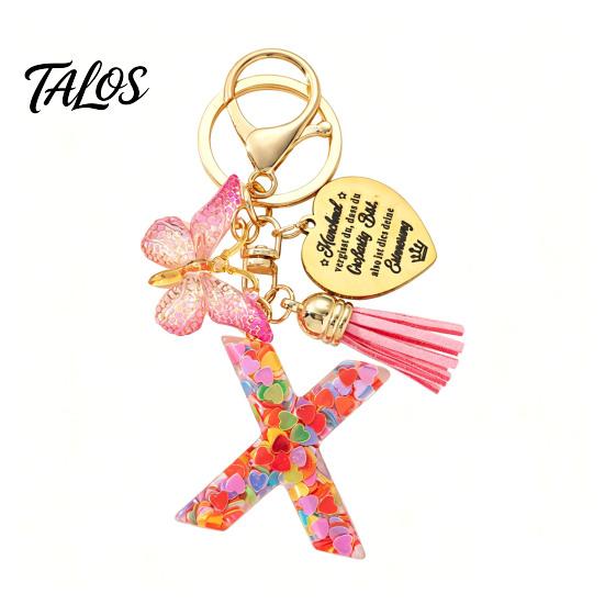 Talos Keychain Pendant, Sequins Initial Letter Charm Key Chain with Butterfly Tassel Stainless Steel Heart Design, A-Z Holder for Bag Purse Backpack