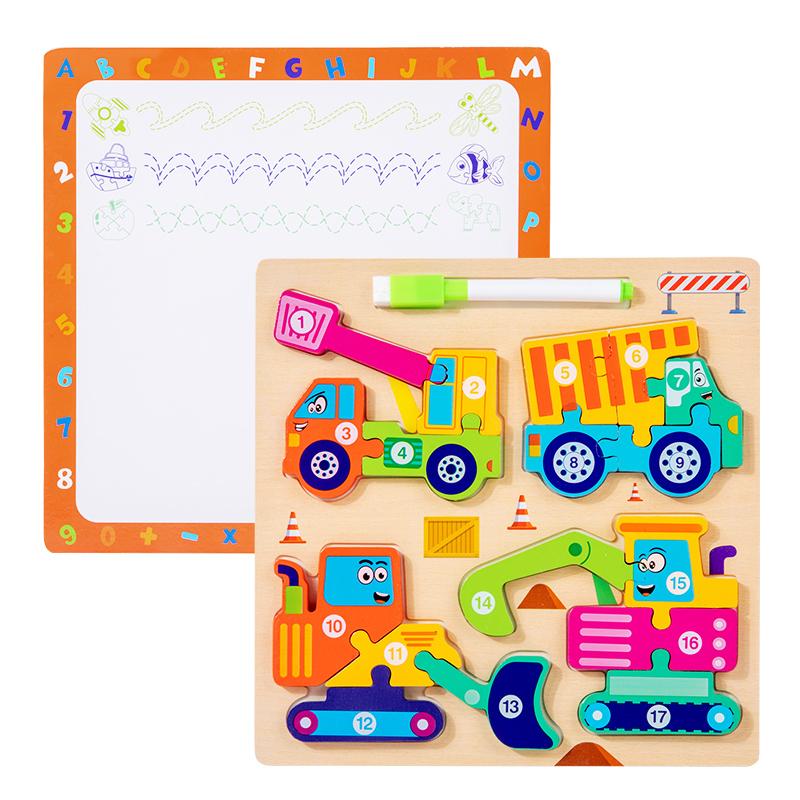 Montessori Wooden 3D Puzzle for Toddlers with Drawing Board Animal & Vehicle Shape Matching Blocks Jigsaw Toys for Kids Learning