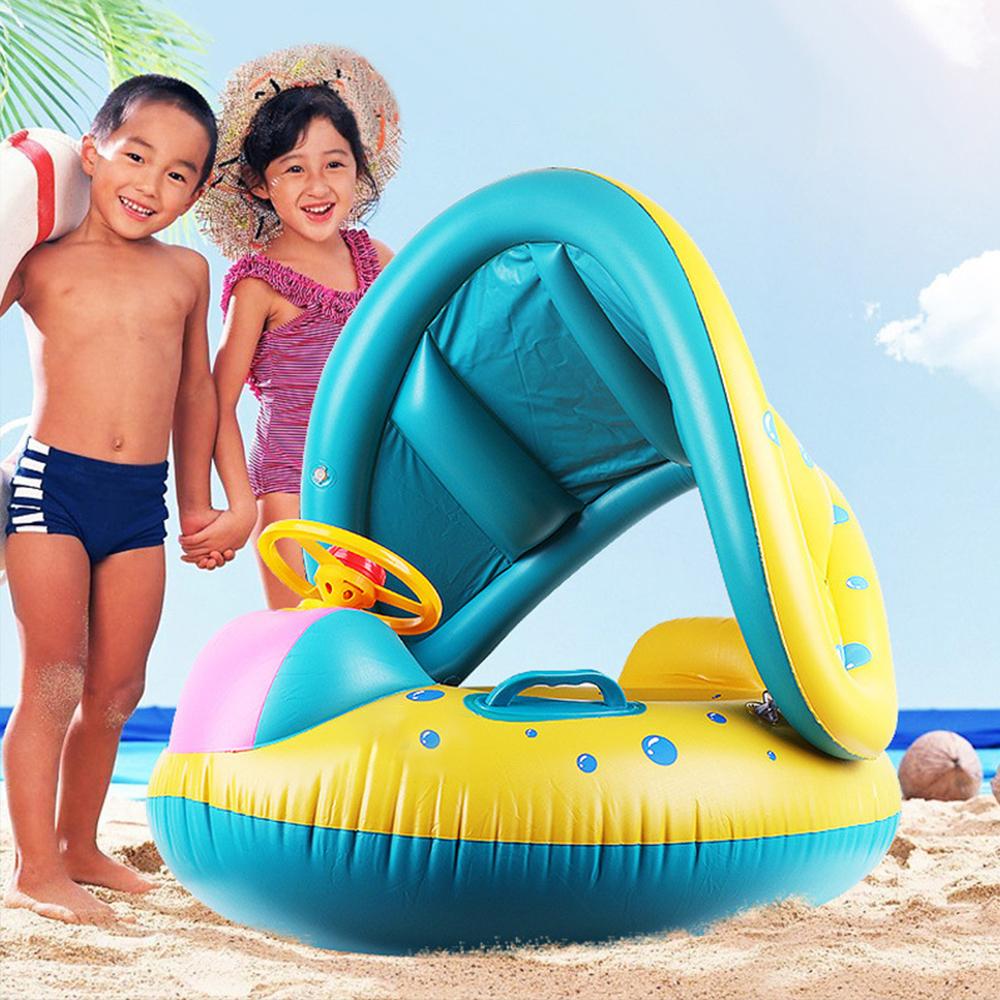 Baby Swim Ring with Sunshade, Toddler Inflatable Boat Float with Steering Wheel