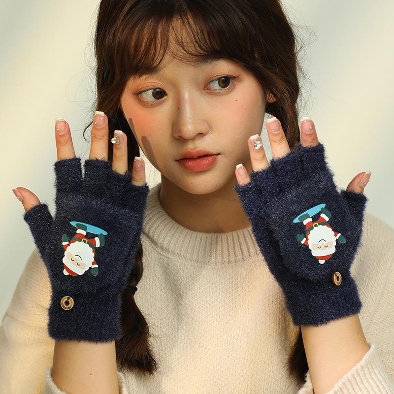 Hiver Nouveau Mignon Dessin Animé Peluche Chaud Housse Rabattable Sans Doigts Étudiant Écriture Coupe-froid Demi-doigt Gants de Noël