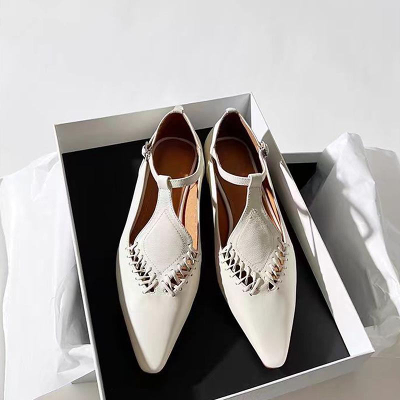 Sheepskin Version~ Silver Single Shoes Women's Summer Pointed Leather Woven Hollow Flat-bottomed Versatile Small Leather Shoes Mary Jane Shoes