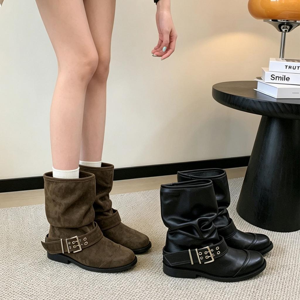 Maillard Belt Buckle Thick Heel Pleated Pile Short Boots Women'S Autumn New Versatile Western Cowboy Boots Women'S Tide