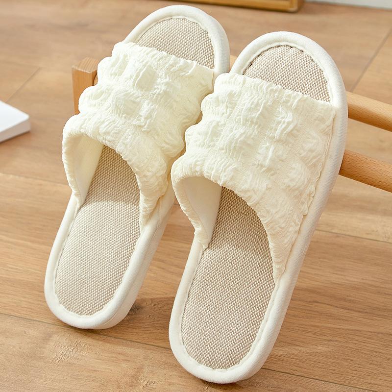 Four seasons linen slippers women's puffs summer cute home indoor non-slip silent sweat-absorbing spring and autumn cotton and linen sandals women