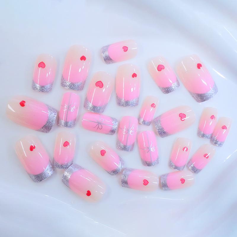 Nail Art Sweet Valentine'S Day Glitter French Pink Gradual Change Love Rectangular Wearing Nail Piece