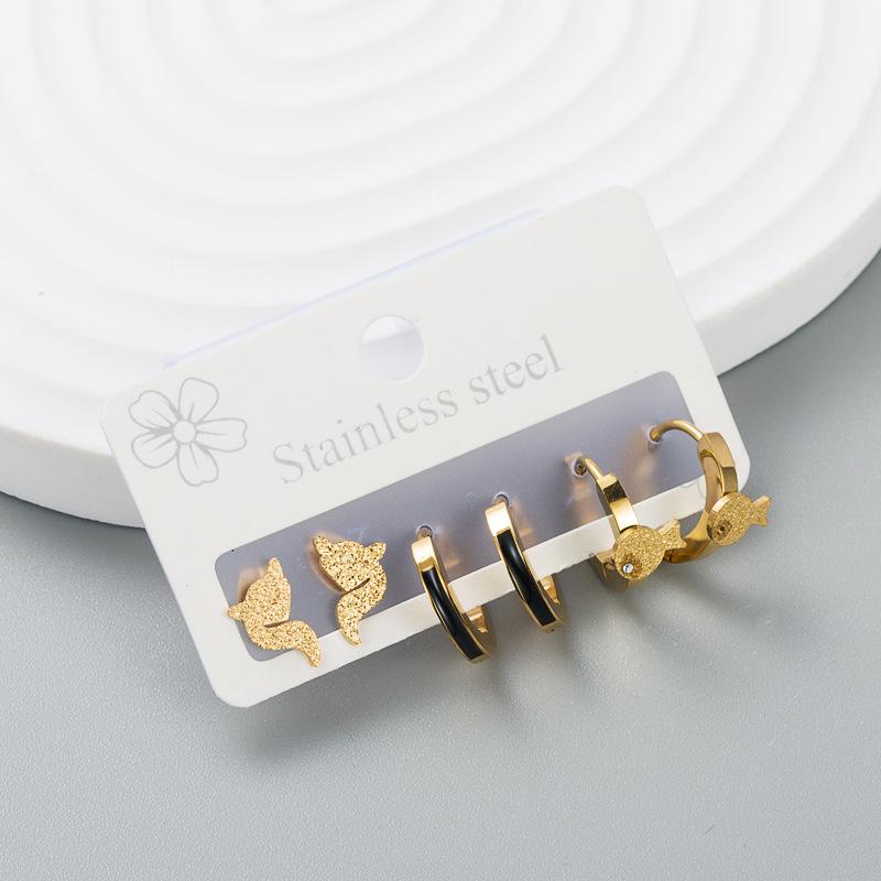 Women Simple Hoop Earrings Six-piece Set Stainless Titanium Steel Zircon Gold Color Fish Geometric Ear Ornaments