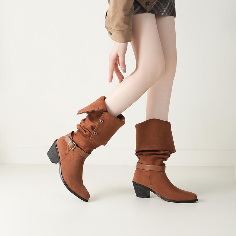 Women's high-heeled boots autumn and winter new thick-heeled suede mid-boots in size