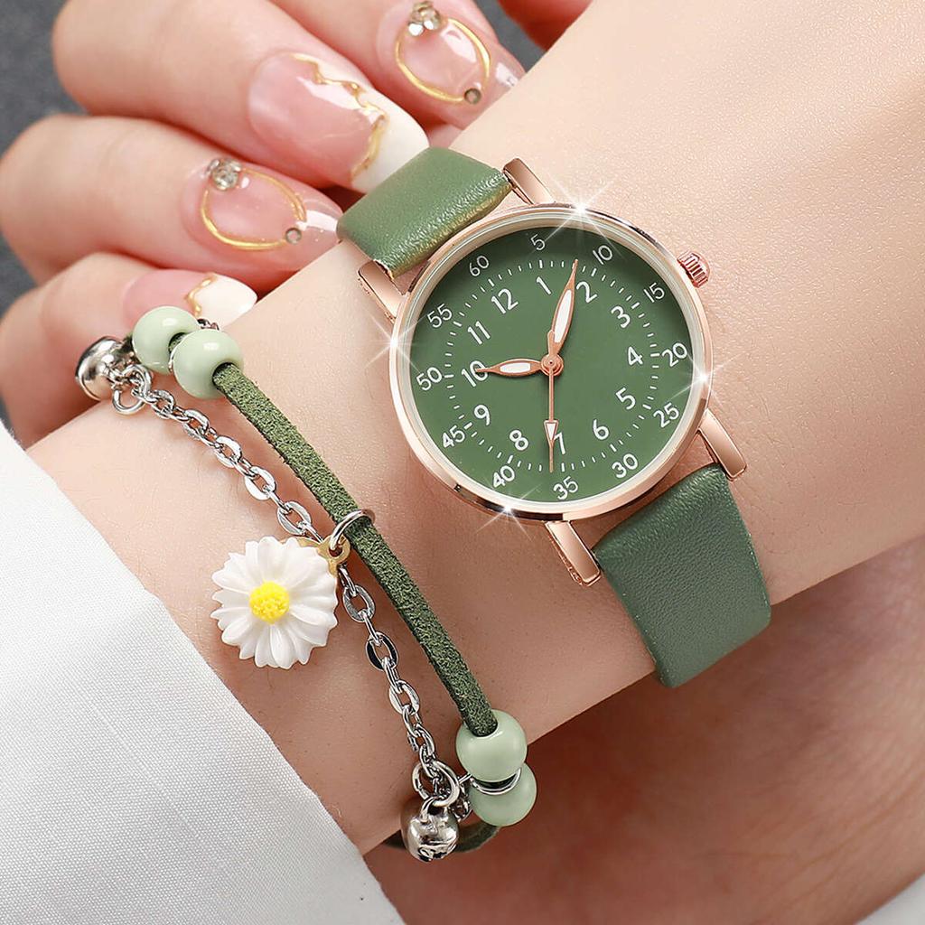 6PCs/Set Women's Retro Watch Set Fashion Simple College Style Student Quartz Leather Watch With Bracelet Set (Box Not Included)