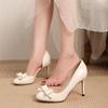 Women's Nude Side-opening High Heels with Stilettos, Beautiful and Elegant Patent Leather Bow Round-toed Single Shoes