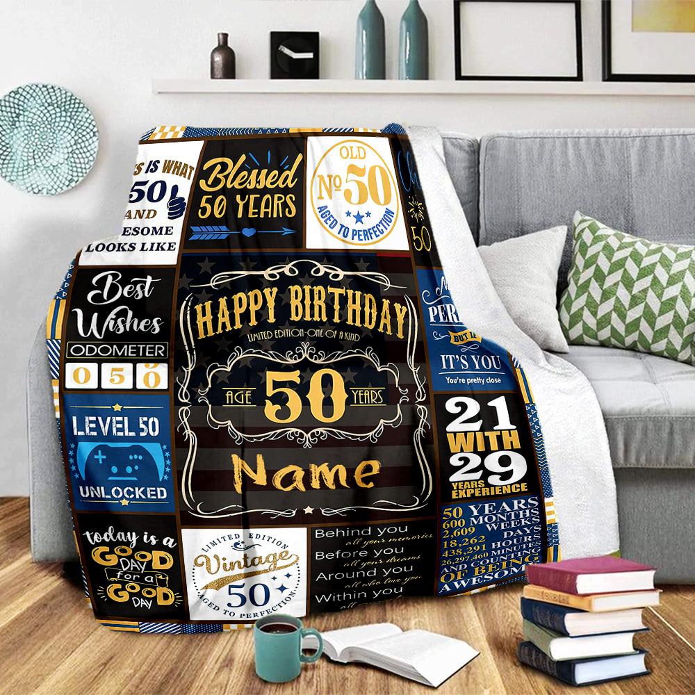 Happy 50th Birthday Blue Personalized Text Blanket Cozy Personalized Blanket Ultra-Soft Perfect for Home Decor Bed Seaside Bedding