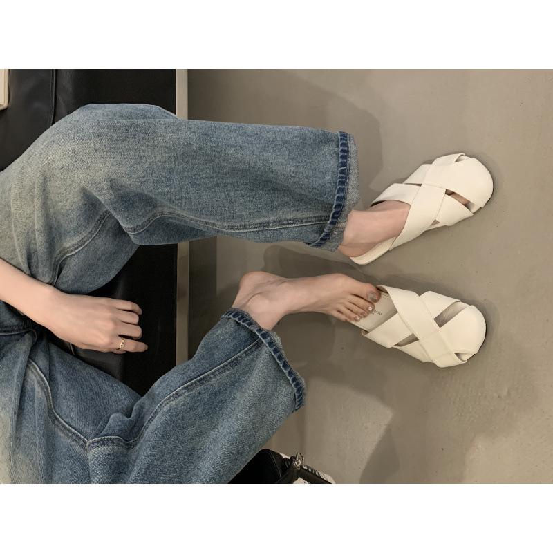 Retro Flat-bottomed Bag Head Half Slippers Women's Shoes Outer Wear 2025 New Spring and Summer Woven Lazy Sandals