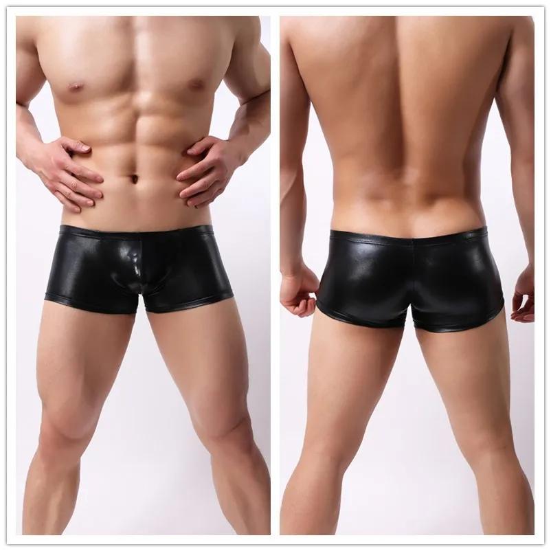 Mens Underwear Boxer  U Convex Pouch Patent Leather Wetlook Shinny Trunks Cool Underpants Shorts Shiny Leather Boxers For Male