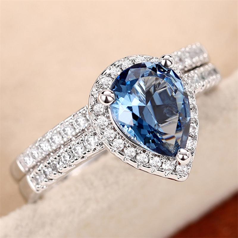 Huitan Gorgeous Blue Water Drop Cubic Zirconia Rings s/Set Temperament Elegant Lady's Ring for Party Anniversary Gift Jewelry