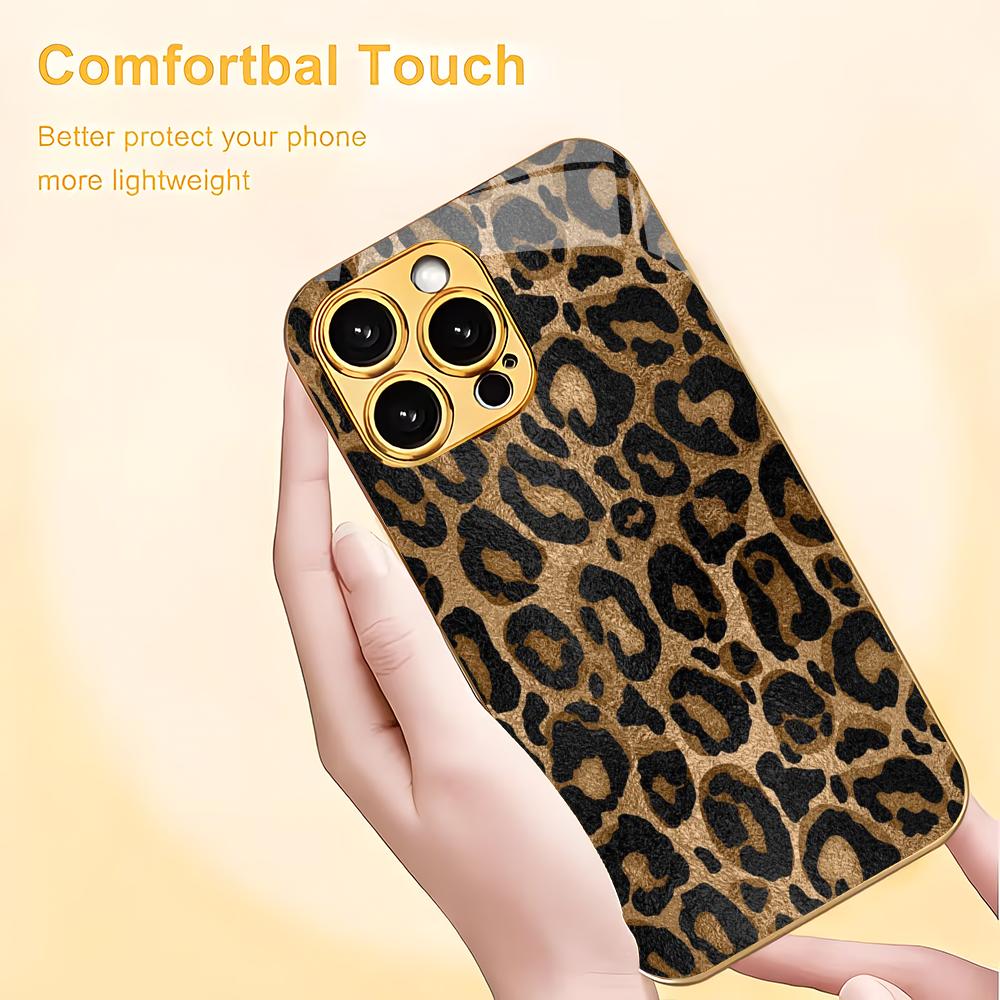 Leopard print electroplated gold glass phone case suitable for iPhone 17 16 15 14 13 12 11 Pro/Max/Plus shockproof back cover