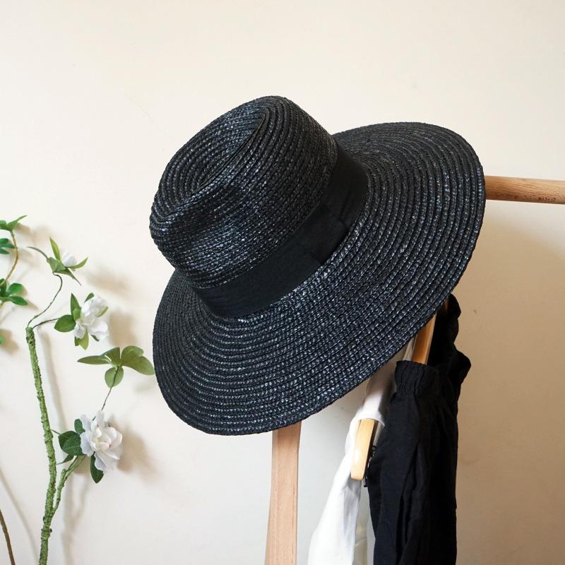 French Retro Elegant Black Big Eaves Holiday Straw Hat Summer Female Shade Sun Protection Beach Straw Straw Jazz Hat