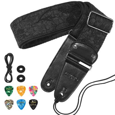 Gitárszíj Anaglif dombornyomott virágos gitárszíj elektromos basszusgitárhoz, akusztikus gitárhoz, széles basszusszíj Pick Lock kábelrögzítés Fekete párnázott gitárhoz