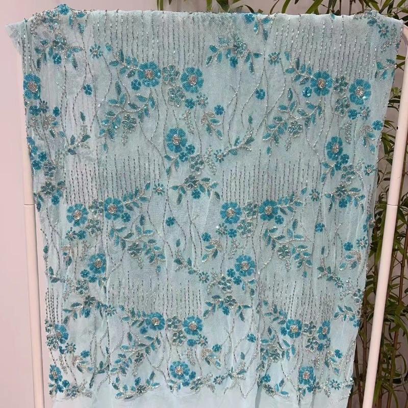 Elegant Beads Sequins Lace Fabric Sequins Embroidered Lace Fabric Diamond Fringe Wedding Dress Material for Clothing