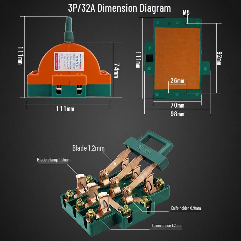 3P 63A Double-Pole Double-Throw Reversing Knife Switch, 100A Three-Phase, Dual Power Transfer