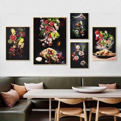 Mutfak için yemekli poster, siyah baskılar, uçan suşi, pizza makarna, barbekü, tuval üzerine duvar resmi, yemek odası tablosu, ev dekoru