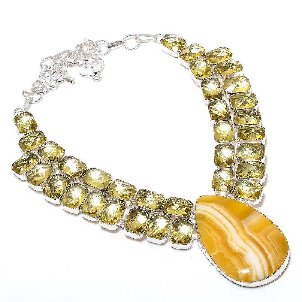 Żółty Septarian, Cytryn Ręcznie robiony Naszyjnik ze Srebra Próby 925 18" H0a37