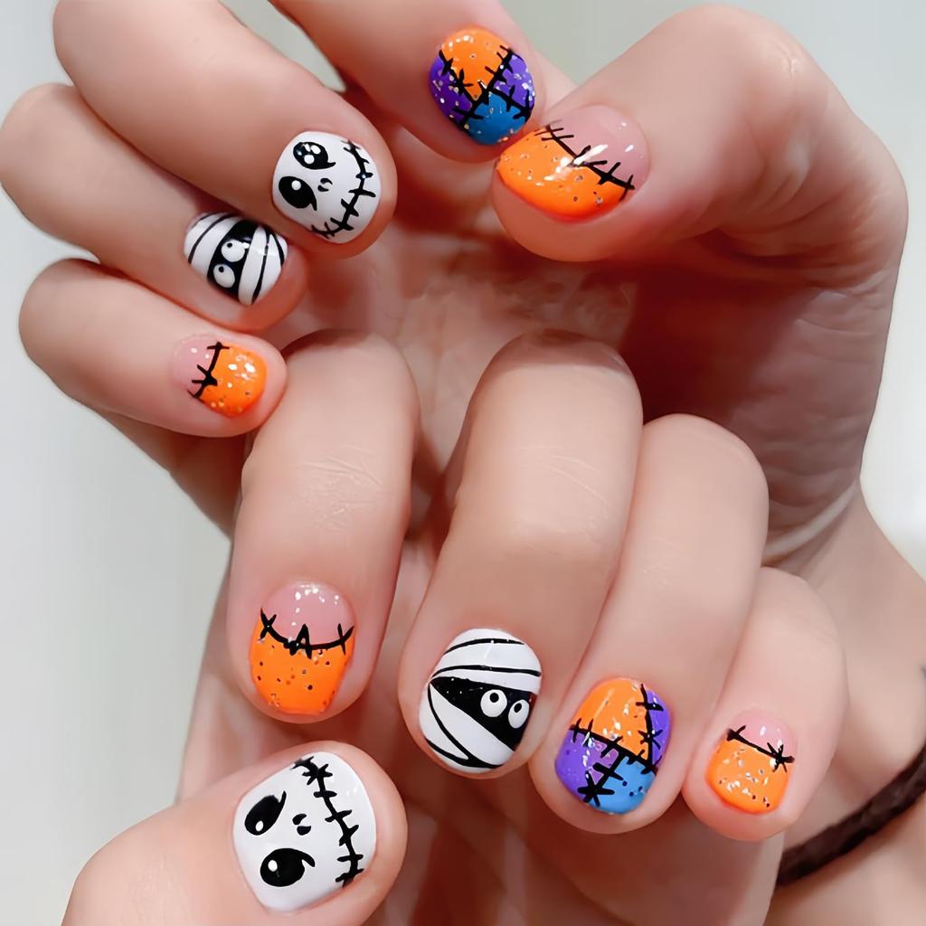 24 Pcs Halloween Press On Nails Short CEWEWP Square Cartoon Fake Nails Mummy Patch Press Ons Nail Tips Orange French Glue On Nails with Terror
