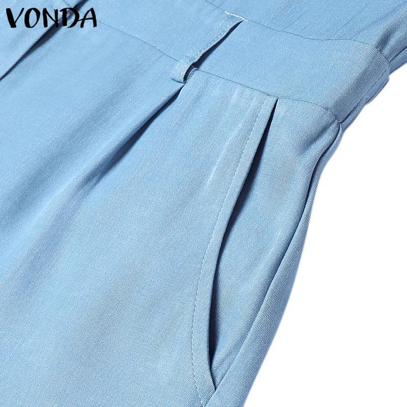 VONDA Women Summer Lapel Neck Sleeveless Buttons Elastic Waist Casual Jumpsuits Rompers
