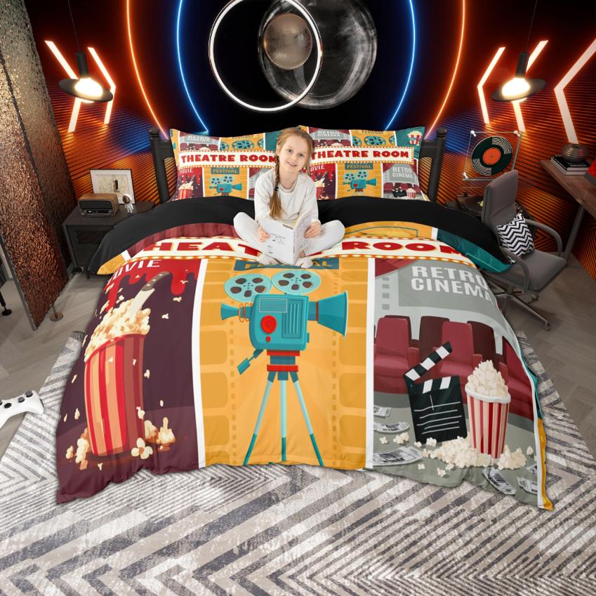 Homewish Kino Popcorn Bettbezug Set, Vintage Film Bettwäsche Set, Film Thema Bett Set, Raumdeko