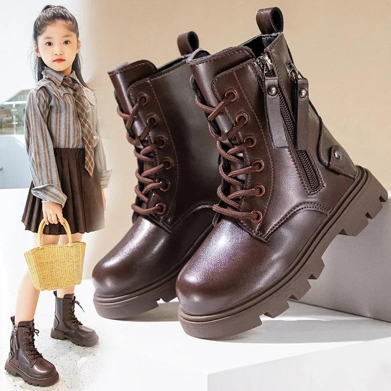 Spring Autumn Kids Shoes Boots for Girl New School Thick Bottom Ankle Boots Fashion Round-toe Children Black Boots Side Zipper
