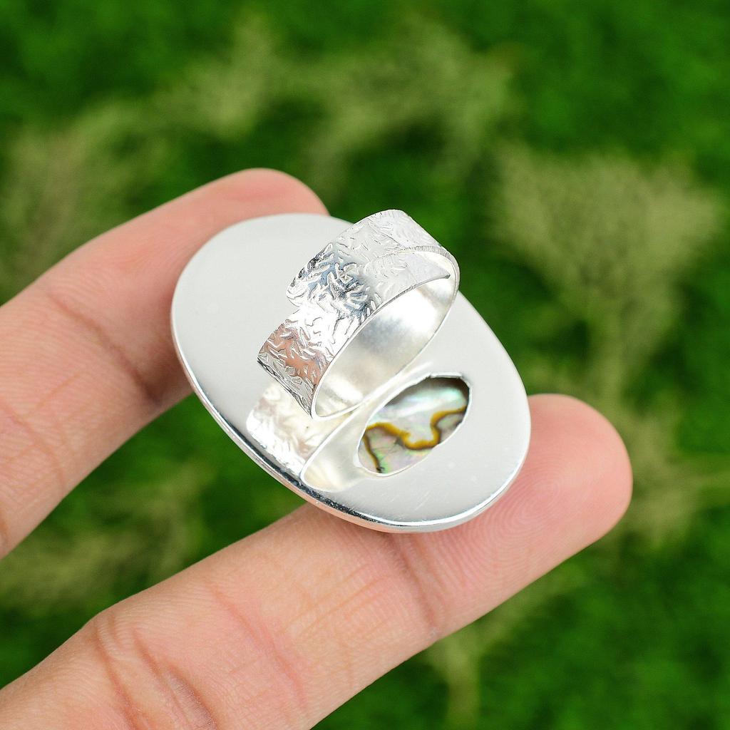 Gift For Her 925 Silver Natural Abalone Shell Gemstone Stackable Adjustable Ring