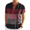 Color Block Striped 3D Print Henley Shirts Men's Fashion Vintage Button Stand Collar Short Sleeve T Shirt Tees Tops Man Clothing