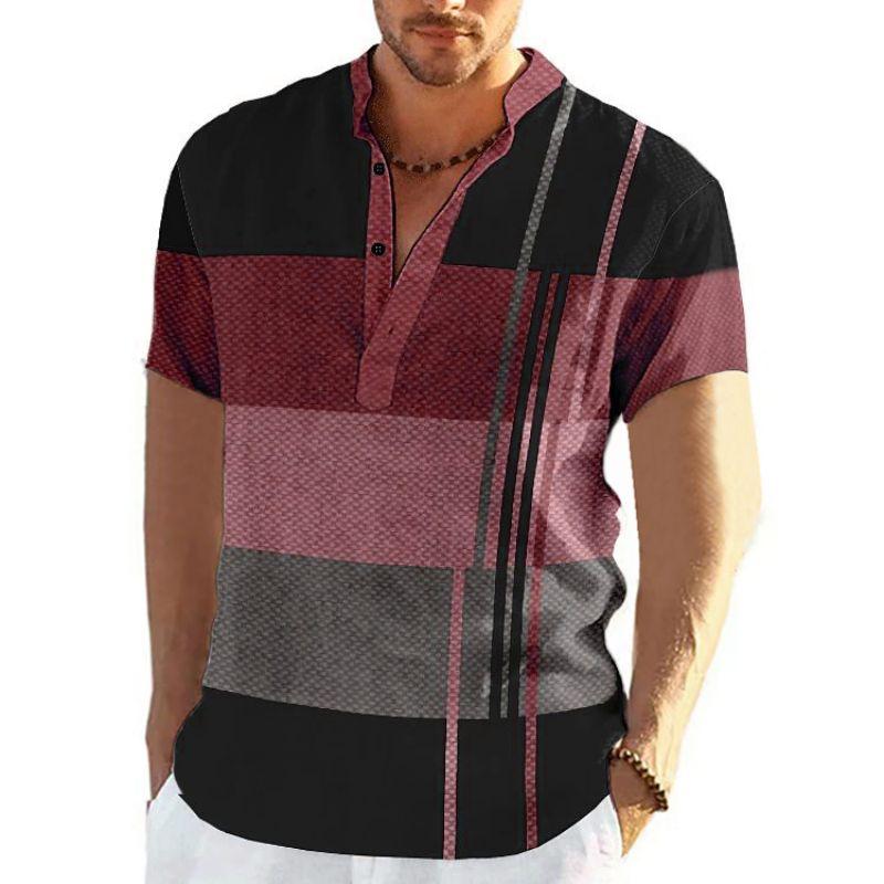 Color Block Striped 3D Print Henley Shirts Men's Fashion Vintage Button Stand Collar Short Sleeve T Shirt Tees Tops Man Clothing