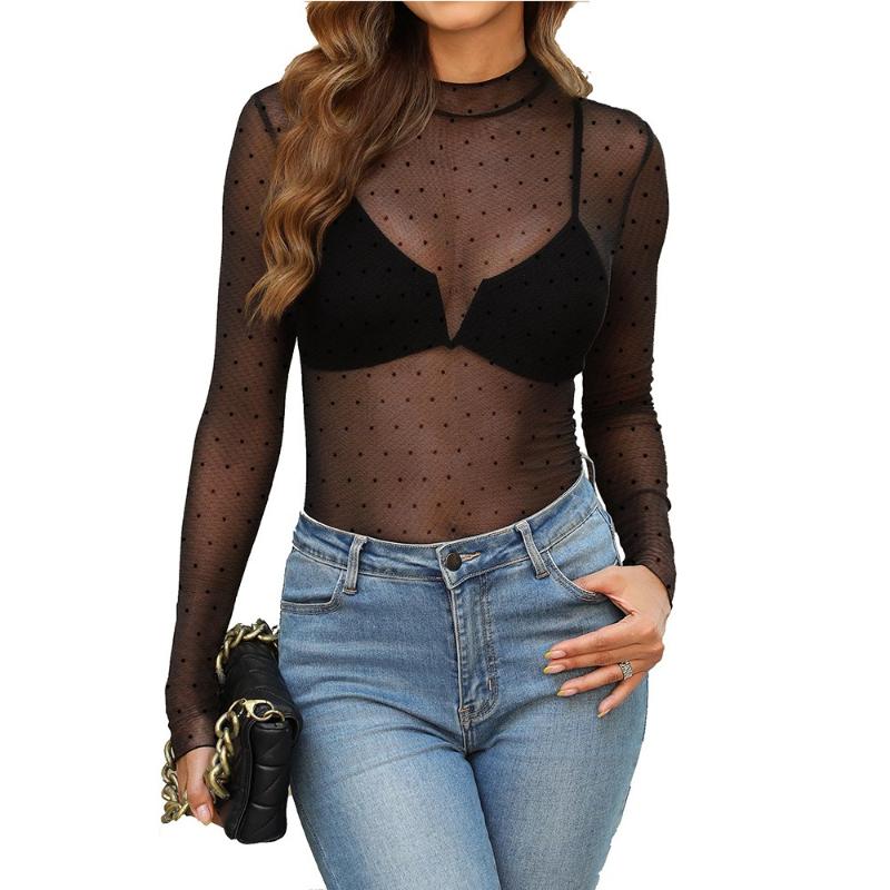 Women's Semi-turtleneck See-through Long-sleeved T-shirt Sexy Y2K Mesh Top