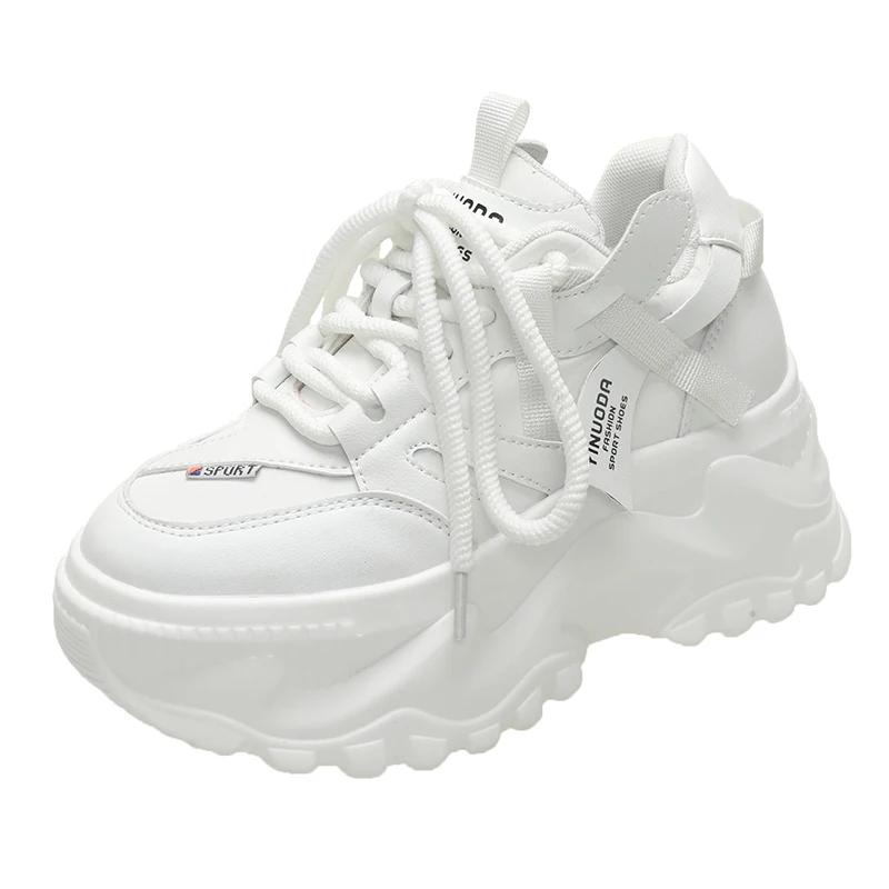 Large size 42 New Women Casual Platform Sneakers High Heels 8CM Autumn Sports Leather Shoes Breathable Trainers Chunky Sneakers