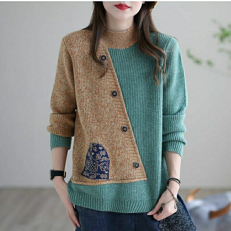 

Осенне-зимний вязаный свитер-пуловер, женский, сшитый, с длинными рукавами, толстый верх, свободная ретро-блузка большого размера с полуводолазкой XS земля желтый