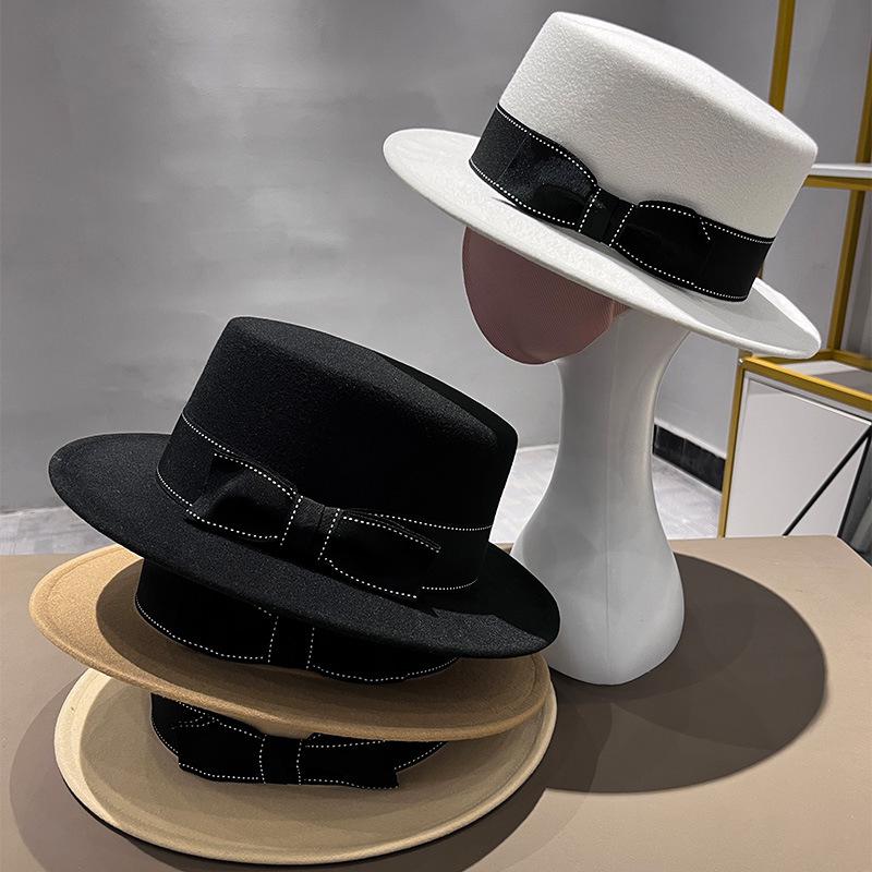 Fashion New Woolen Flat Hat Bow Decoration Personalized Elegant Top Hat Jazz Hat Versatile British Style Hat